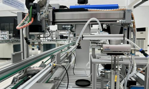 Close-up view of modern automation machinery in an industrial setting.